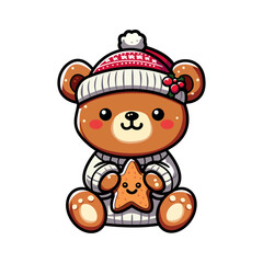 Cute Bear, star cookie, mascot, kawaii, adorable, cozy, Christmas, winter, holiday, festive.