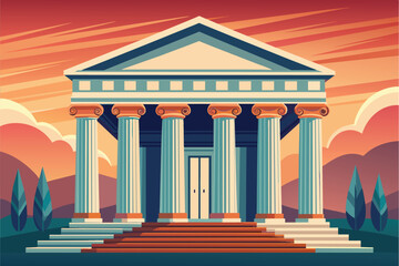 A beautifully illustrated ancient temple surrounded by lush greenery and mountains, showcasing classic architectural details under a bright sky and soft clouds