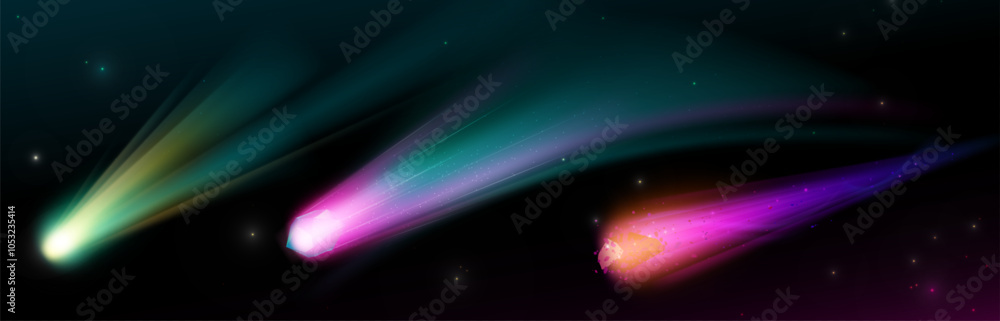 Poster celestial objects - asteroids or comets streaking across space with vibrant fire tails. realistic 3d
