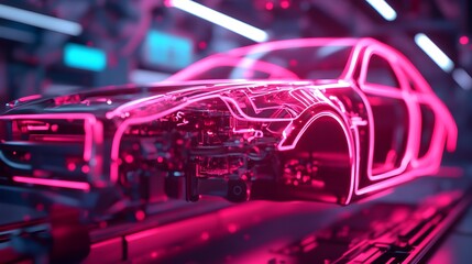 Naklejka premium Advanced AI powered robotic welder assembling and fabricating components for a hybrid electric vehicle in a sleek neon lit futuristic workshop setting