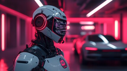 Fototapeta premium Humanoid robot conducting diagnostics on a self driving automobile in a futuristic neon lit high tech garage with holographic screens displaying system data and information