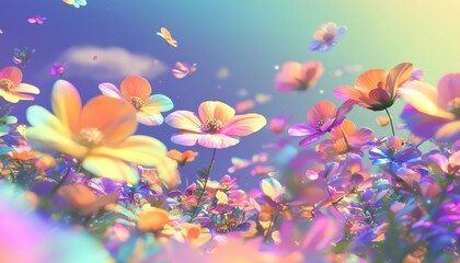 A vibrant field of flowers under a colorful sky, with butterflies fluttering around, creating a serene and magical atmosphere.