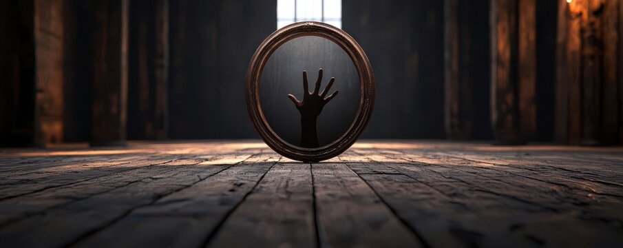 3D rendering of a haunted mirror, with a ghostly figure trapped inside, reaching out with twisted fingers, Haunted mirror, Supernatural and chilling