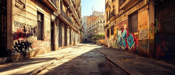 Fototapeta premium Abandoned street with colorful graffiti art