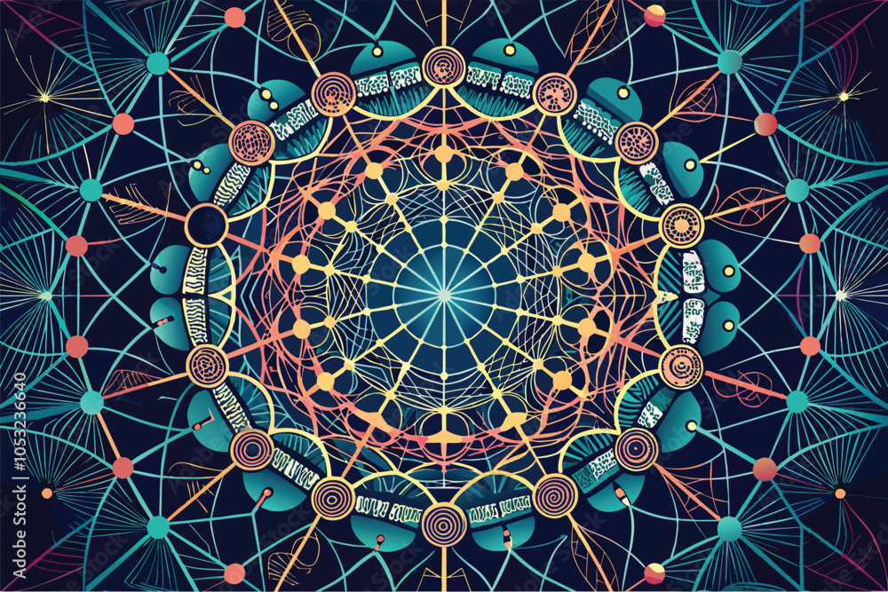 Poster an intricate geometric design featuring vibrant colors and symmetrical patterns, showcasing a comple