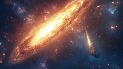 Fototapeta premium A unique depiction of a galaxy with a comet in the foreground, highlighting the interaction between the two celestial bodies in a rich color palette