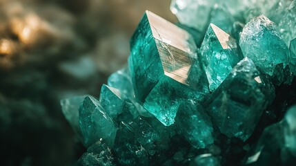 Obraz premium Glistening green quartz crystal formations with clear tips resting on a natural surface amidst lush foliage in a serene setting