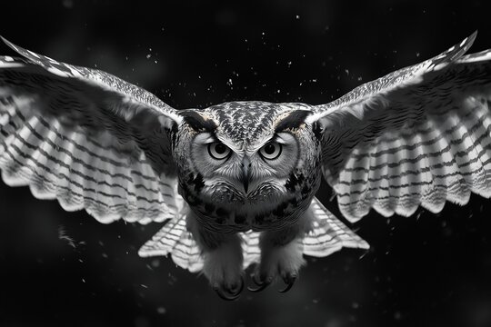 A dynamic black and white image of an owl in flight, showcasing its striking eyes hunting, documentary photography 