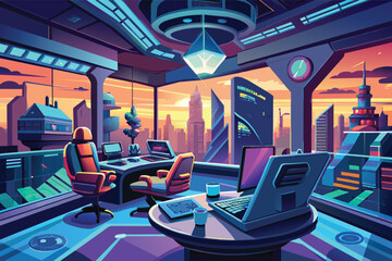 Futuristic office interior with city skyline view during sunset, featuring modern technology and vibrant colors