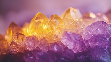 Amethyst crystal displaying vibrant purple and golden hues on a smooth surface under soft lighting