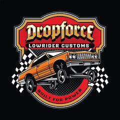 American Lowriders Car, Skull, Piston, Red Roses, and Race flag Poster in Vintage Retro Vector Illustration for flyer, social media, web pages, print media, greeting card, invitation, banner