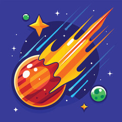 A fiery meteor streaks through space, leaving a trail of sparks and light.