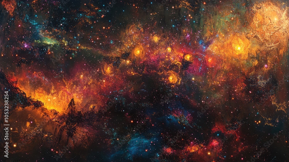 Poster a mesmerizing view of an ancient galaxy, where luminous stars and nebulae blend into a tapestry of c
