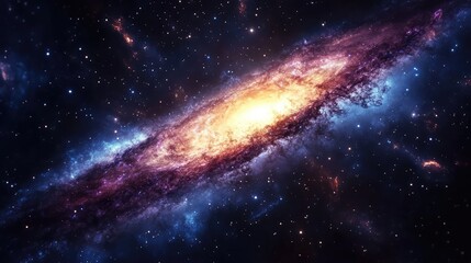 Naklejka premium A mesmerizing view of an ancient galaxy, where luminous stars and nebulae blend into a tapestry of colors that tell stories of the past