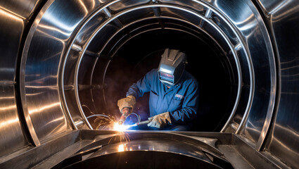 A Welder Working Inside a Metal Tank with Torch Lighting