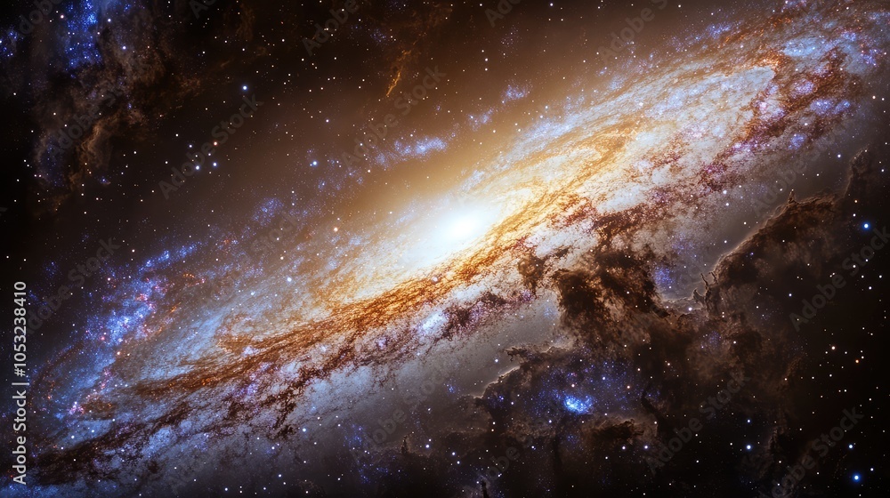 Poster a striking image of an ancient galaxy, showcasing its celestial wonders with intricate patterns of l