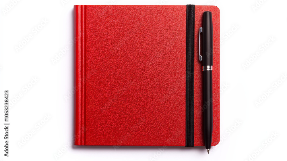 Poster red notebook with pen: a classic red notebook with a black pen, ready for your ideas and notes. the 