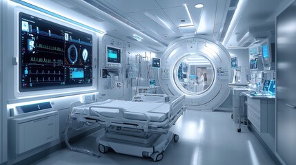 Modern hospital room with advanced medical equipment and technology.
