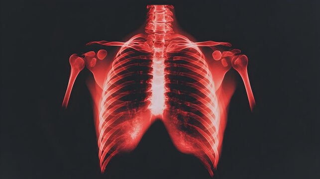 Detailed X ray image of a broken collarbone with a red overlay highlighting the fracture  The image shows the internal skeletal structure and anatomy of the shoulder region
