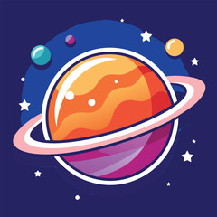 A colorful, illustrated planet with a ring system against a dark blue starry background. © Fripixday