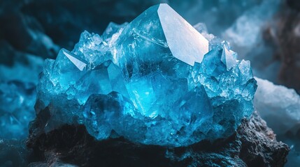 Obraz premium Vibrant blue crystals glimmering under soft light in a natural setting surrounded by rocks and foliage during twilight