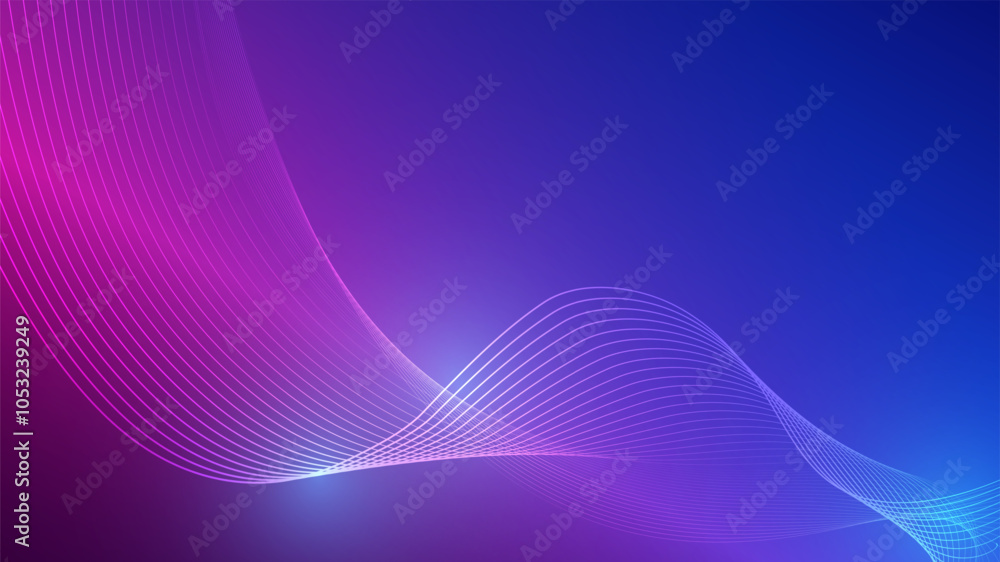 Poster colorful abstract background with flowing wave lines in gradient purple and pin