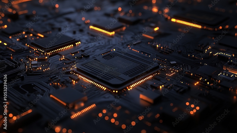 Poster a close-up view of a circuit board featuring illuminated components and intricate connections in a t