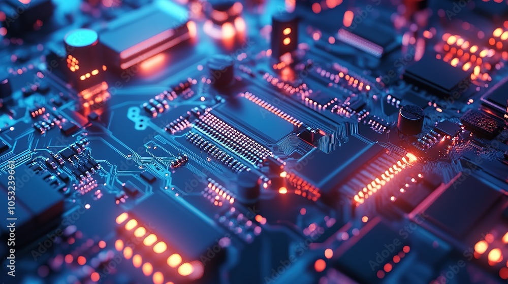 Poster a close-up view of a circuit board featuring illuminated components and intricate connections in a t