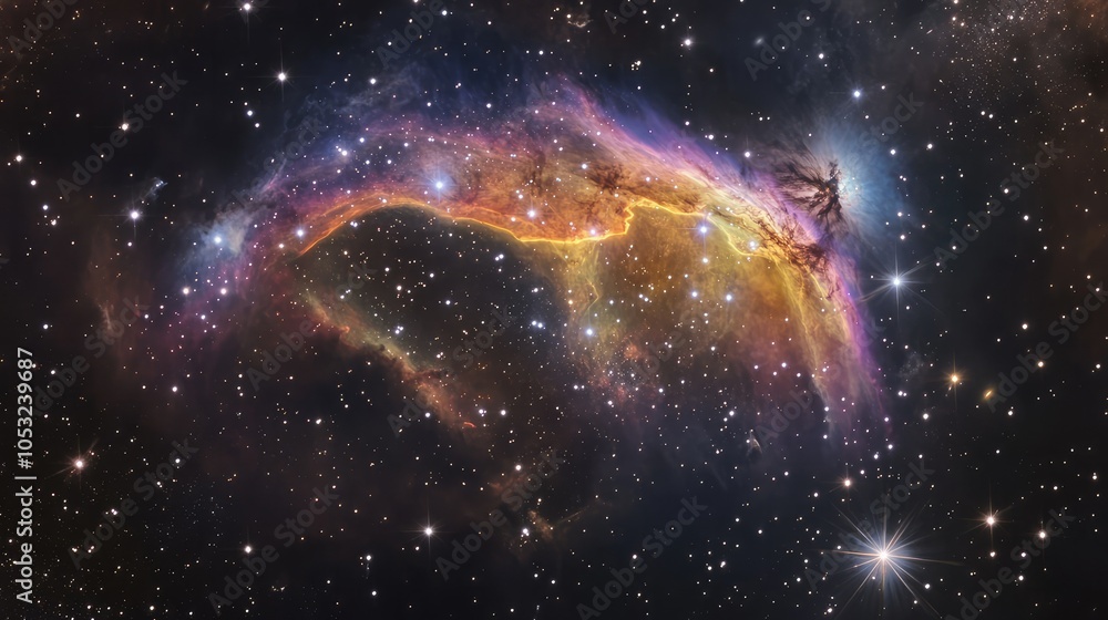 Poster a unique representation of a dwarf galaxy, where bright stars and colorful nebulae create a stunning
