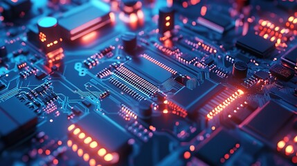 Obraz premium A close-up view of a circuit board featuring illuminated components and intricate connections in a tech-focused setting