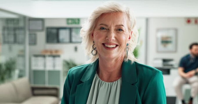 Business woman, mature and face in office for professional service, career growth or management. Executive, portrait and confident laugh in workplace for work experience, pride or company development