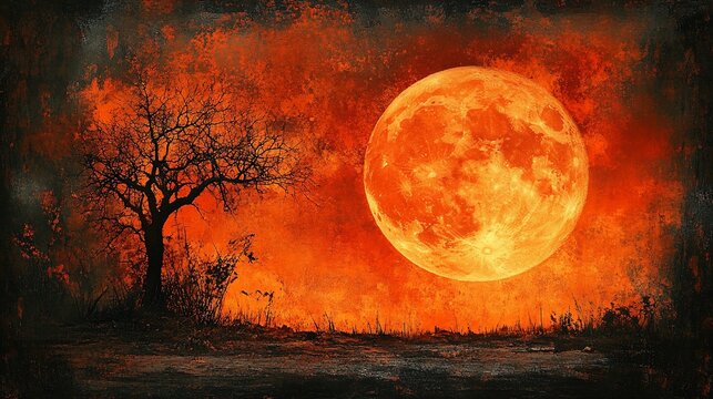 A dramatic landscape featuring a large orange moon and a silhouetted tree against a fiery sky.