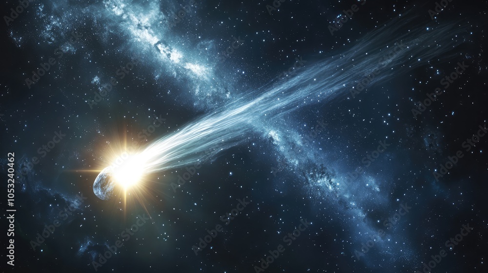 Poster a mesmerizing cosmic landscape where a comet orbits a galaxy, illuminating the dark space with its b