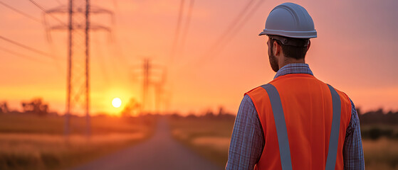 A worker in a safety vest and helmet stands on a rural road, gazing at the sunset with power lines in the background.