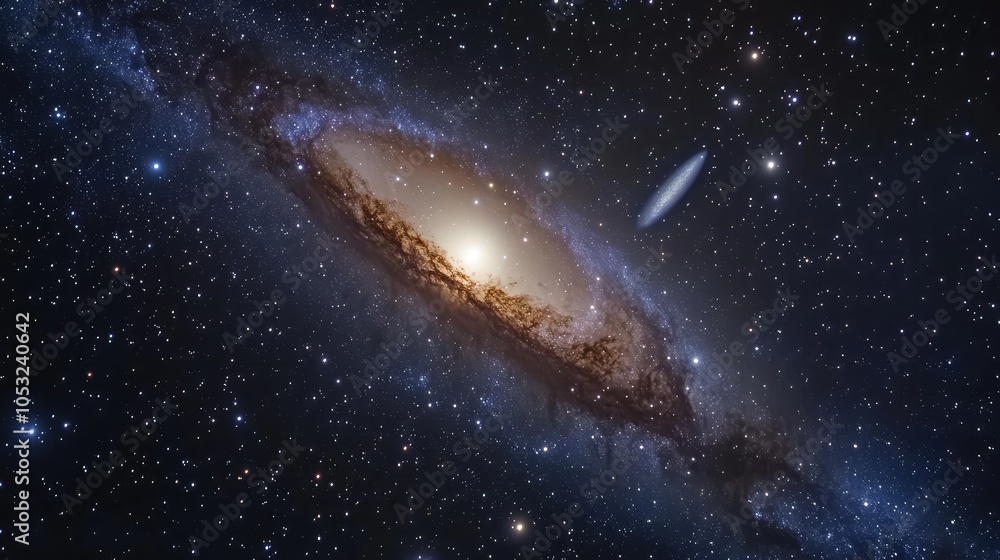 Aufkleber a serene view of a distant galaxy with a comet traversing its vicinity, surrounded by soft clouds of
