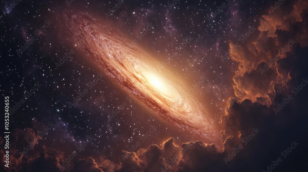 Aufkleber a serene view of a distant galaxy with a comet traversing its vicinity, surrounded by soft clouds of