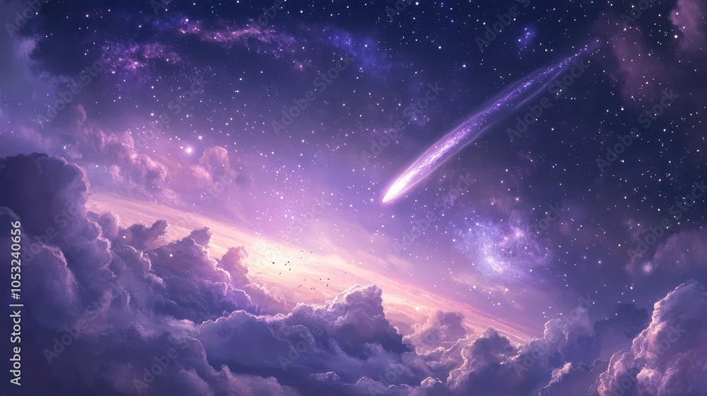 Aufkleber a serene view of a distant galaxy with a comet traversing its vicinity, surrounded by soft clouds of