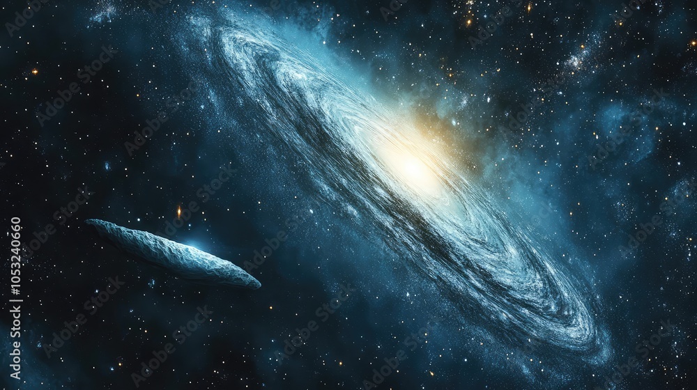 Poster a mesmerizing view of a galaxy accompanied by a comet, highlighting the interplay of light and darkn