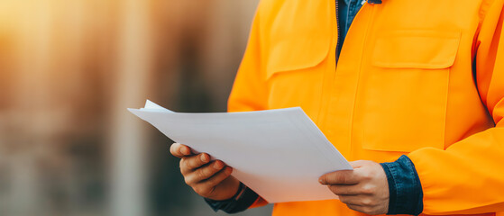 A worker in an orange safety jacket holds documents, showcasing professionalism in a construction or industrial setting.
