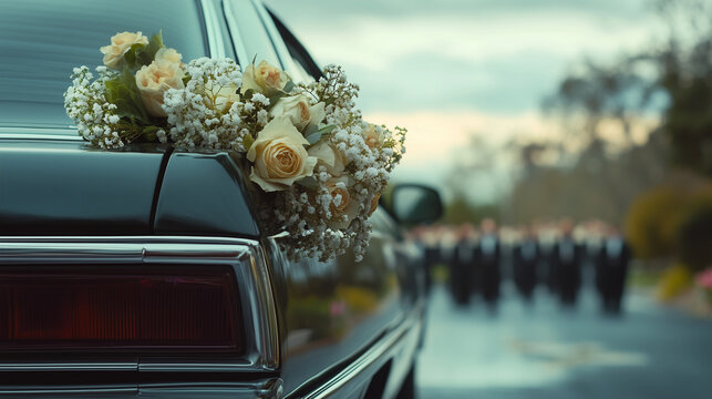 A close-up view of a hearse adorned with flowers, paying tribute at a somber outdoor farewell ceremony during the day