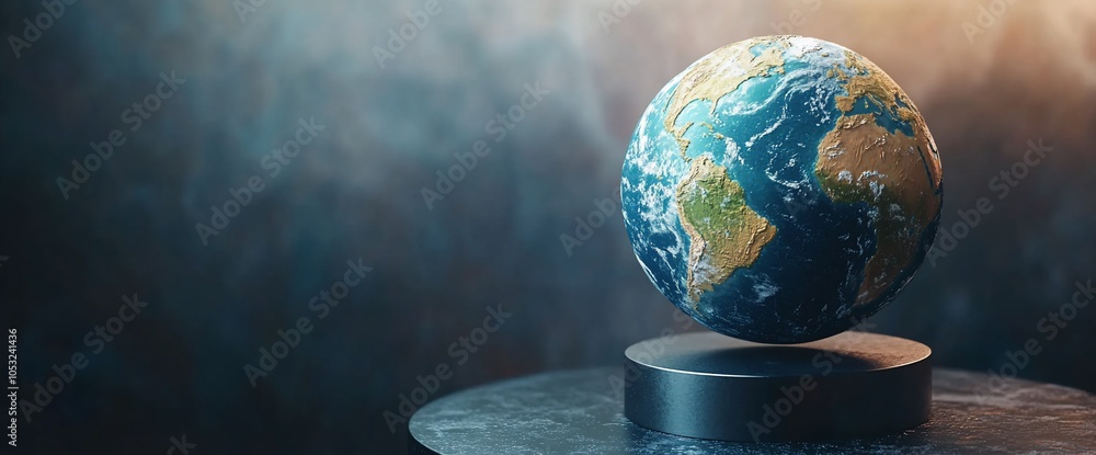 Poster A 3D rendered earth globe levitating on a black platform against a dark background with an ethereal glow.