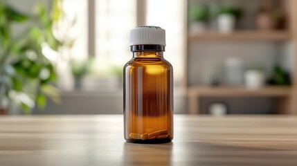 A liquid medicine bottle with a measuring cap on top, commonly used for pediatric medication