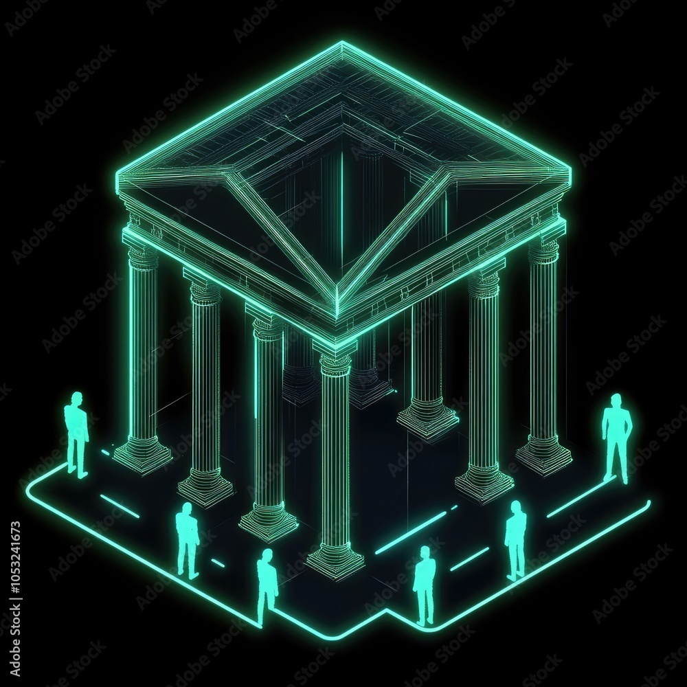 Poster a futuristic, glowing, isometric representation of a building with columns and people standing in fr