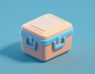 3D light orange lunch box with a blue latch and handles