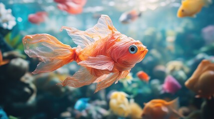 Fototapeta premium A goldfish made of plastic waste swims among other fish in an aquarium, a symbol of pollution and environmental damage.