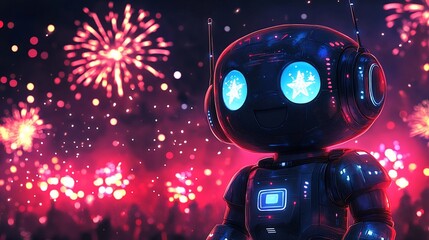 A cheerful robot with glowing eyes stands amidst colorful fireworks.
