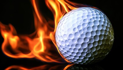 A close-up of a golf ball with flames surrounding it, creating a dynamic and energetic visual effect.