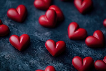 Fototapeta premium A collection of glossy red heart-shaped objects scattered on a dark surface, symbolizing love and affection.