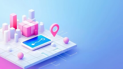 Fototapeta premium Digital map with location pin, smartphone, and cityscape in pastel colors against a gradient background.