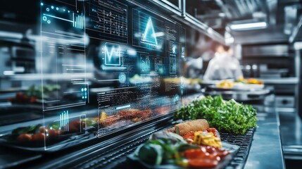 Close-up of digital sensors monitoring food safety in a commercial kitchen, food safety, tech-enhanced food hygiene.